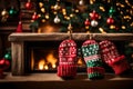A pair of cozy mittens hanging by the fireplace, waiting for Santa to fill them with gifts