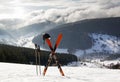 Pair of cross skis in snow, High Mountains Royalty Free Stock Photo