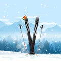 Pair of cross skis in snow. Ski winter mountain landscape background. illustration. Royalty Free Stock Photo