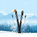 Pair of cross skis in snow. Ski winter mountain landscape background. Vector illustration. Royalty Free Stock Photo