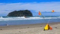 Crossed lifeguard flags indicating `no swimming`, Mount Maunganui, New Zealand Royalty Free Stock Photo