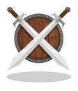 Pair of crossed knight swords against background of wooden Scandinavian shield. Ancient viking weapon. Cartoon vector isolated on