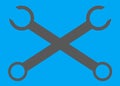 A pair of crossed simple simplified dark grey fixed sized spanner wrench tool white backdrop