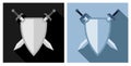 Pair of crossed swords against background of knight shield. Emblem of royal family. Simple flat vector Royalty Free Stock Photo