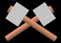 A pair of crossing 3D stone hammer tools with wooden shafts black backdrop Royalty Free Stock Photo