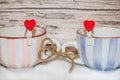 A pair of cups with clothespins and hearts tied with twine. the concept of a strong family, a nice home