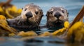 A pair of curious sea otters floating in kelp a cute and fun scene Royalty Free Stock Photo