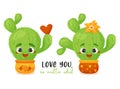 Pair of cute cacti characters in love in pots. Beautiful blooming cactus and heart. phrase - Love you, no matter what