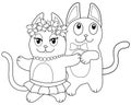 A pair of cute dancing cats - vector linear picture for coloring. Funny cat and his girlfriend are dancing. On the cat there are b