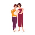 Pair of cute homosexual women standing together, holding newborn baby and smiling. Happy LGBT family with child. Flat