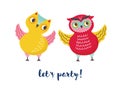 Pair of cute joyful owls and Let s Party lettering handwritten with cursive font. Happy forest birds isolated on white