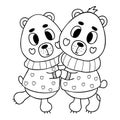 Pair cute in love hugging bears in romantic sweaters. Vector illustration in doodle style. Funny cute animal characters. Outline