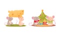 Pair of Cute Mice Celebrating Christmas Holiday and Carrying Cheese Slab Vector Set