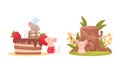 Pair of Cute Mice Decorating Cake with Strawberry and Sitting Near Stump House Vector Set Royalty Free Stock Photo