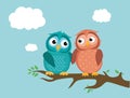 A pair of cute owlet sitting on a branch. Owls in love. Royalty Free Stock Photo