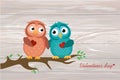 A pair of cute owlet sitting on a branch. Owls in love hold hear Royalty Free Stock Photo