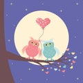 A pair of cute owls in love is sitting on the branch. The moon and stars are behind and a balloon in the form of a heart is