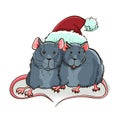 A pair of cute rats in a santa claus hat. Vector New Year greeting card. 2020 -year of the rat