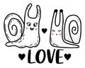 pair of cute snails in love and word love. Linear hand drawn doodle. Funny character clam snail. Vector illustration Royalty Free Stock Photo