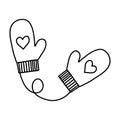 Pair of cute warm knitted mittens with heart pattern, doodle vector outline for coloring book Royalty Free Stock Photo