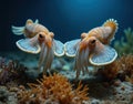 Pair of cuttlefish displaying vivid patterns while hovering above seafloor sponges and crabs Royalty Free Stock Photo