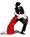 A Pair Dancing Argentine Tango. Woman in red dress, Man in black suit. Pin Up, Pop Art style.