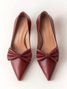 Pair of dark red shoes decorated with bows. Royalty Free Stock Photo