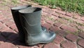 A pair of dark and slightly dirty rain boots.