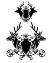 Deer stag heads and heraldic shield black and white vector decor set