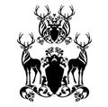 Deer stags and heraldic shield with rose flowers black and white vector decor set