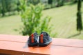 pair of denim baby shoes for the toddlers feet. Royalty Free Stock Photo