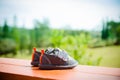 pair of denim baby shoes for the toddlers feet. Royalty Free Stock Photo