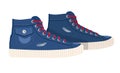 Pair denim textile sneaker with rubber toe and loose lacing. Vector illustration. Vintage blue sneakers. Shoes of modern
