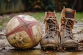 A pair of dirty boots sits beside a well-worn soccer ball, showing signs of intense use, An old, worn-out rugby ball and a pair of