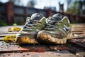 A pair of dirty shoes left on top of a street, abandoned and forgotten, telling a story of neglect, Close up of well-worn running