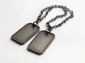 A pair of dog tags on a chain on a white surface Royalty Free Stock Photo