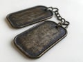 A pair of dog tags hanging from a chain on a white surface Royalty Free Stock Photo