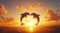 A pair of dolphins leaping together in the shape of a heart against a Royalty Free Stock Photo