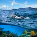 Pair of dolphins swimming on wave