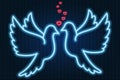 A pair of doves in love. Hearts as a sign of love. Neon glow. Birds flap their wings. Colored vector illustration.