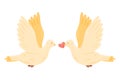 A pair of doves in love holding a heart in its beak. Vector isolated cartoon illustration. Royalty Free Stock Photo