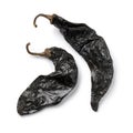Pair of dried raw Mexican Pasilla peppers on white background close up