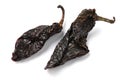 Pair of dried smoked Mexican chipotle peppers on white background close up