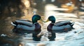 A pair of ducks swimming side by side in a pond with heart-shaped Royalty Free Stock Photo