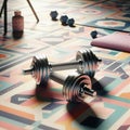 A pair of dumbbells on a colorful geometric patterned floor with a pink yoga mat and a vase in the background. The