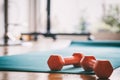 Pair of dumbbells on a wooden floor Royalty Free Stock Photo