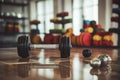 A pair of dumbs placed on a wooden floor, creating a simple and minimalist composition, Close-up of dumbbells and fitness