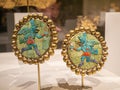 Pair of Ear Ornaments, Gold, turquoise, Peru, North Coast. The Metropo