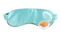 Pair of ear plugs in case and light blue sleeping mask on white background Royalty Free Stock Photo