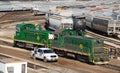 A pair of Electromotive Division SW9 switchers bearing the fallen flag scheme of Elgin, Joliet, & Eastern railroad Royalty Free Stock Photo